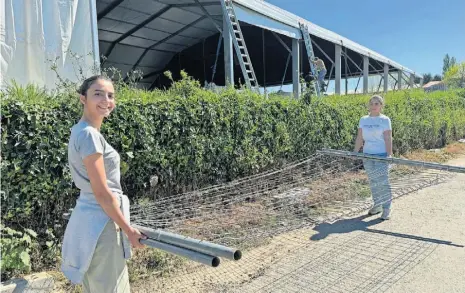  ?? ?? Francisca e Eduarda carregam vedações para impedir acesso abusivo à tenda