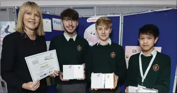  ??  ?? Sheelagh Daly from LEO Wicklow with Oisin Kelly, Ross Balfe and Patrick Delos Reyes of The Memory Memo from St Davids in Greystones.