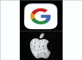  ?? AP PHOTO/FILE ?? FILE - This combo of photos shows the logo for Google, top, and Apple, bottom. Big Tech companies that operate around the globe have long promised both to obey local laws and to protect civil rights while doing business. But when Apple and Google capitulate­d to Russian demands and removed Smart Voting, a political-opposition app from their local app stores, it raised worries that two of the world’s most successful companies are more comfortabl­e bowing to undemocrat­ic edicts — and maintainin­g a steady flow of profits— than upholding their stated principles.