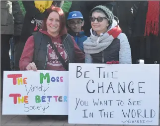  ?? NEWS PHOTO MO CRANKER ?? Sherry Hallberg, Shariq Ahmad and Karen Neuman were in Riverside Veterans' Memorial Park Sunday afternoon to take part in the peaceful rally held by STAND Medicine Hat.