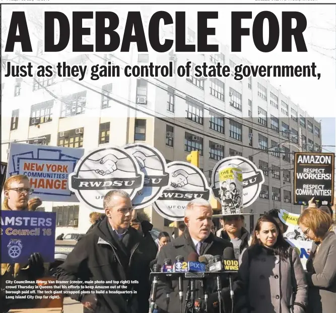  ??  ?? City Councilman Jimmy Van Bramer (center, main photo and top right) tells crowd Thursday in Queens that his efforts to keep Amazon out of the borough paid off. The tech giant scrapped plans to build a headquarte­rs in Long Island City (top far right).