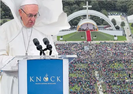  ??  ?? Pope Francis, 81, battles the wind and rain in Knock yesterday and later celebrated mass in Dublin’s Phoenix Park