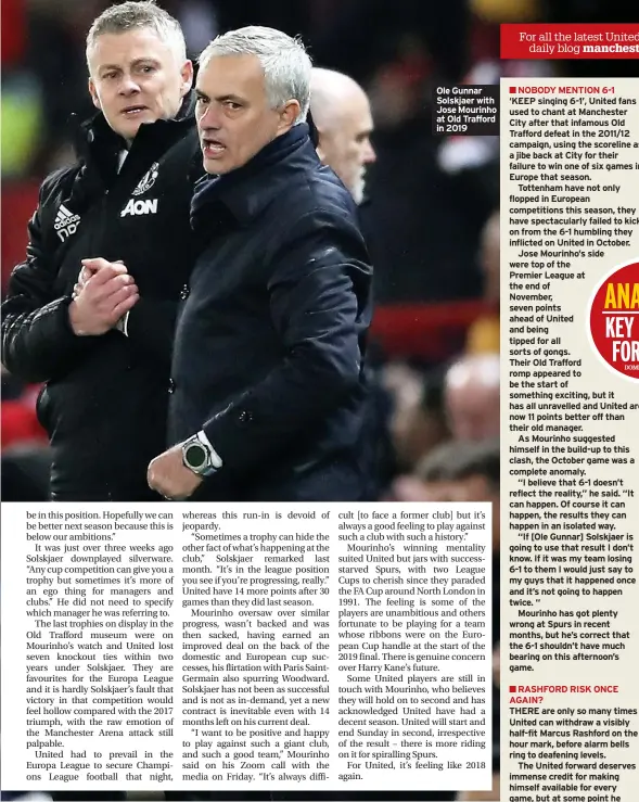  ??  ?? Ole Gunnar Solskjaer with Jose Mourinho at Old Trafford in 2019