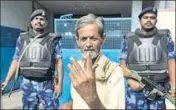  ?? AP ?? A man shows his inked finger after voting in Hyderabad, Telangana; 119 constituen­cies from the state went to polls.