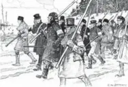  ?? C.W. JEFFERYS/ONTARIO ARCHIVES ?? A rather motley band moves down Yonge St. in C.W. Jefferys’ "The March of the Rebels upon Toronto in December, 1837.”