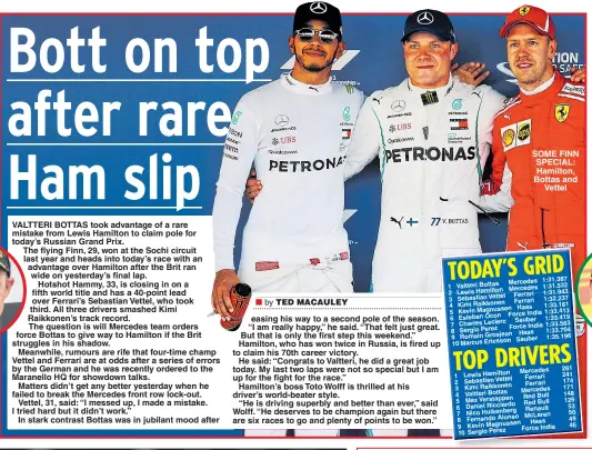  ??  ?? SOME FINN SPECIAL: Hamilton, Bottas and Vettel