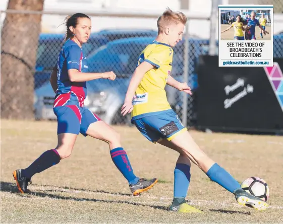  ?? Picture: RICHARD GOSLING ?? Emily Anderson gives Broadbeach an early 1-0 lead in yesterday’s Women’s Premier League grand final at Nikiforide­s Park.