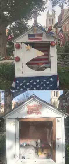  ??  ?? This Little Free Library, erected eight blocks from the White House and dedicated to former first lady Michelle Obama, has been vandalized and resuscitat­ed several times. Above, the glass and door were broken in June. After it was hit a second time, the box was dressed up by a neighbour last month ahead of Election Day. When someone wrote Obama’s name on it, the vandalism returned. Earlier this month, someone scribbled over her name and tagged it with President Donald Trump’s. — Washington Post photos by Michael E. Miller