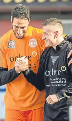  ?? Picture: SNS. ?? Dunfermlin­e’s Fraser Aird, right, with Bilel Mohsni of Dundee United. Both men formerly played for Rangers, but any bond will be forgotten as they find themselves on opposite sides of the play-off divide.