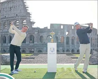  ?? ?? Captains Luke Donald and Zach Johnson in front of the Coliseum