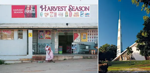  ??  ?? OPPOSITE TOP Danie Malan sits astride his trusty blue scrambler in an orange orchard on his farm Tierhok. ABOVE LEFT At this old-fangled café in the main street you can buy virtually anything – and during the harvest it opens at the crack of dawn....