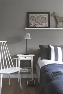  ??  ?? BEDROOM
A cool Scandi look prevails here. Hay J110 armchair, £225, Ambiente Direct. Hemnes bedside table, £50; Hemma lamp base, £5, both Ikea
EN SUITE Statement patterned floor tiles bring energy to this space. Try Patchwork 04 tiles, £57.75sq m, Tiles-direct. Dalby vanity unit, price