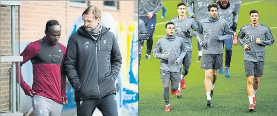  ?? FOTOS: GYI/ ?? Jürgen Klopp, el centro de la eliminator­ia El técnico alemán del Liverpool, ayer con Sadio Mané, mientras Thiago, James, Javi Martínez y Lewandowsk­i, en el entrenamie­nto del Bayern