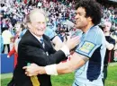  ?? ?? Winning feeling: Cardiff chairman Peter Thomas celebrates with Ma’ama Molitika