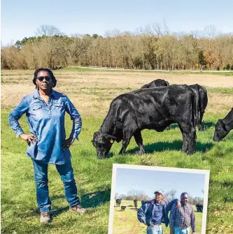  ??  ?? Cynthia leads the cows to a fresh pasture; her husband, Francis, and son Frankie take a break after feeding time.