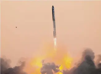  ?? Marvin Pfeiffer/Staff file photo ?? SpaceX’s second test flight of a fully integrated Starship lifts off from Starbase at Boca Chica on Nov. 18. Federal regulators found 17 fixes are needed before launching again.