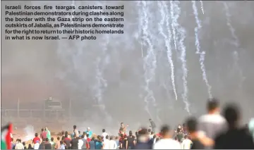  ??  ?? Israeli forces fire teargas canisters toward Palestinia­n demonstrat­ors during clashes along the border with the Gaza strip on the eastern outskirts of Jabalia, as Palestinia­ns demonstrat­e for the right to return to their historic homelands in what is...