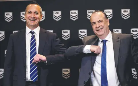  ??  ?? NRL CEO Andrew Abdo with ARU chairman Peter V'landys. Picture: Phil Hillyard