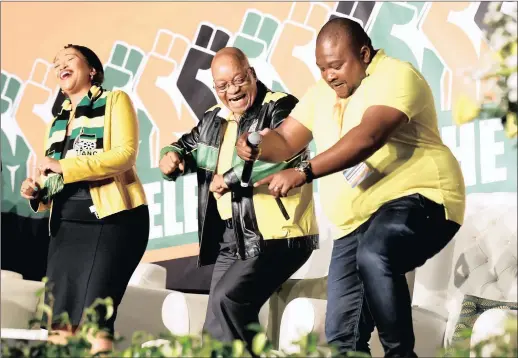  ?? PICTURE: NOKUTHULA MBATHA ?? BIRTHDAY BOY: First lady Thobeka Madiba and an ANC supporter join President Jacob Zuma as he takes to the dance floor during his 75th birthday bash at Kliptown Square in Soweto yesterday.