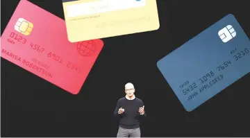  ??  ?? Tim Cook, CEO of Apple, speaks during an Apple special event in Cupertino during which the Apple Card was introduced. — Reuters photo