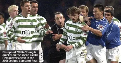  ??  ?? Flashpoint: Willie Young is quickly on the scene as Old Firm players clash in the 2001 League Cup semi-final