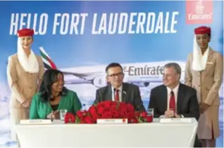  ??  ?? Broward County Mayor, Barbara Sharief, Divisional Senior Vice President of Commercial Operations, Western Hemisphere of Emirates, Hubert Frach and Fort Lauderdale-Hollywood Internatio­nal Airport CEO/Aviation Director, Mark Gale Come Together in Fort...