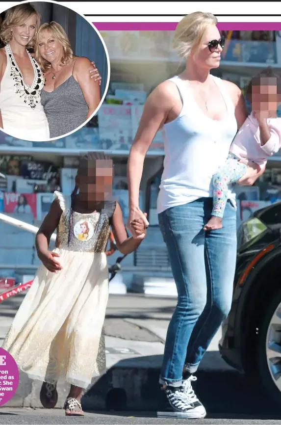  ??  ?? Close-knit: Charlize Theron with her children Jackson (left) and August. Far left, with her mother