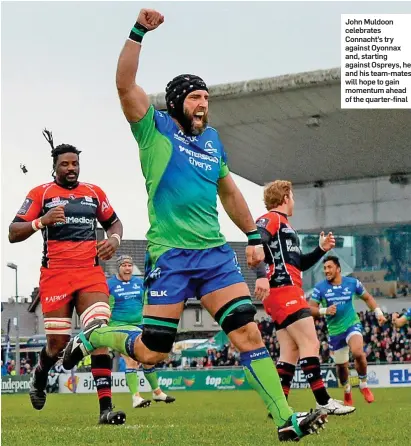  ??  ?? John Muldoon celebrates Connacht’s try against Oyonnax and, starting against Ospreys, he and his team-mates will hope to gain momentum ahead of the quarter-final