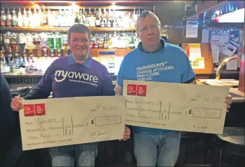  ??  ?? Duggie MacNeill and Martin Jeffries with cheques for Myaware and Parkinson’s UK.