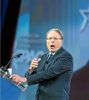  ??  ?? Wayne LaPierre, of the National Rifle Associatio­n in the US, advocated armed guards for schools after mass shootings at Sandy Hook and Parklands, Florida.