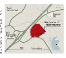  ?? Picture: Kris Miller. ?? Above left: A map showing the position of the proposed café. Right: Julie and Kenny Farquharso­n, owners of The Horn, with a cow similar to the famous one that sits on the roof of the milk bar.