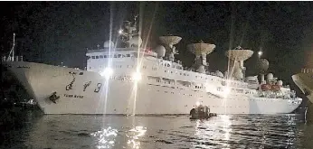  ??  ?? Contribute­d photo shows the Chinese research vessel Yuan Wang 3 docked at the Sasa wharf in Davao City yesterday. The ship arrived the other day for routine replenishm­ent of supplies and provisions.