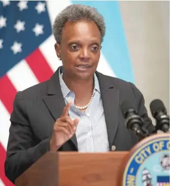  ?? ASHLEE REZIN GARCIA/SUN-TIMES ?? Mayor Lori Lightfoot speaking last week at the Chicago Cultural Center.