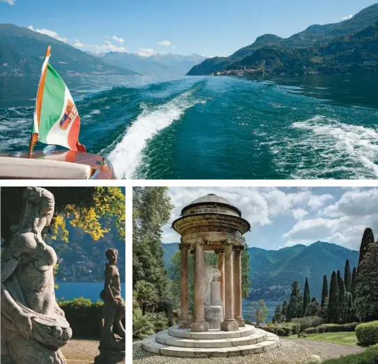  ??  ?? Clockwise from top: Grand Hotel Tremezzo’s vintage launch Ruy whisks guests around the lake on tours; Villa d’Este sits amid a 25-acre garden, partially designed in the Renaissanc­e and featuring a mosaic and nympheum, along with topiaries and fragrant...