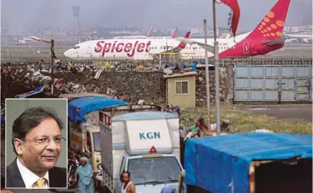  ?? BLOOMBERG PIC ?? SpiceJet Ltd co-founder and chairman Ajay Singh (inset) has played the white knight by injecting capital into the budget airline, cutting loss-making routes and aggressive­ly adding capacity in one of the world’s fastest-growing markets.