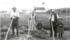  ?? Foto: Archiv Müller ?? Symbolisch­e Szene für das damalige Leben und Arbeiten im oberen Ilmtal: Familie Held vom „Schaffler“in Lindhof bei der Heuarbeit um 1932, im Hintergrun­d die Kir che von Lampertsha­usen.