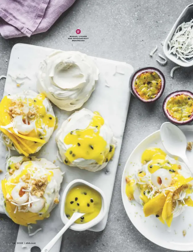  ??  ?? MANGO, LYCHEE AND PASSIONFRU­IT MERINGUES