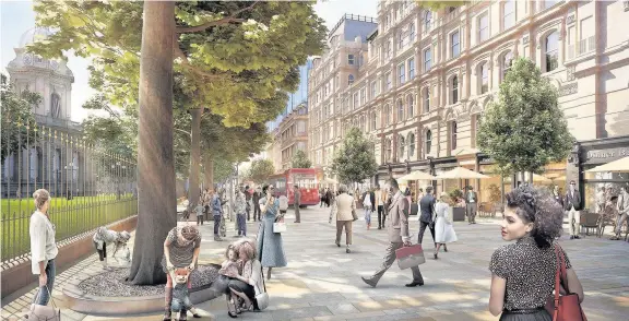  ??  ?? > The plans will see a radical overhaul of how vehicles and pedestrian­s share space along Colmore Row in Birmingham’s business district