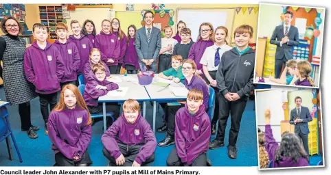  ??  ?? Council leader John Alexander with P7 pupils at Mill of Mains Primary.