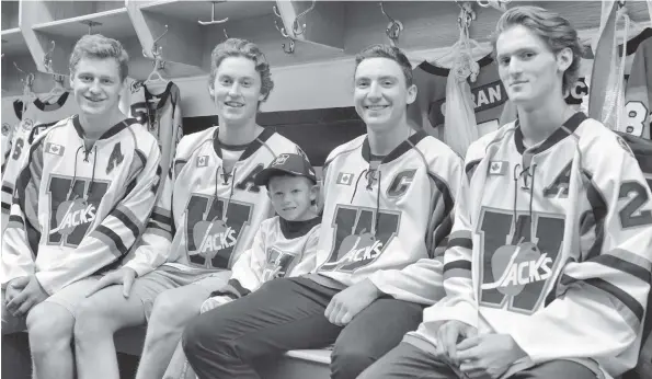  ?? [ALI WILSON / THE OBSERVER] ?? Spencer Brick (second from right) will wear the ‘C’ for the Wellesley Applejacks for the 2017/2018 season. He’ll be joined by Shaun Pickering, Alex Uttley, Owen Gerber (stick boy) and Kyle Soper.