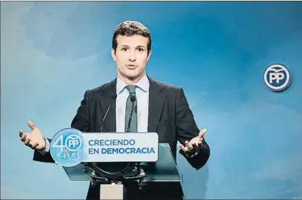  ?? LUCA PIERGIOVAN­NI / EFE ?? Pablo Casado compareció en rueda de prensa tras la reunión del comité de dirección del PP