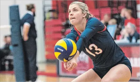  ?? STEPHEN LEITHWOOD BROCK UNIVERSITY ?? Brock's Tori Carrol bumps the ball in women's volleyball versus Guelph.