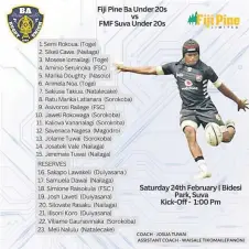  ?? ?? The Vinod Patel Ba men’s senior team list (left) and Fiji Pine Ba U20 team list for their matches against Suva at Bidesi Park today. Graphic: BA RUGBY