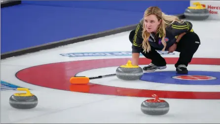  ?? The Associated Press ?? Skip Chelsea Carey directs her team against Team New Brunswick at the Scotties Tournament of Hearts in Calgary, Sunday.