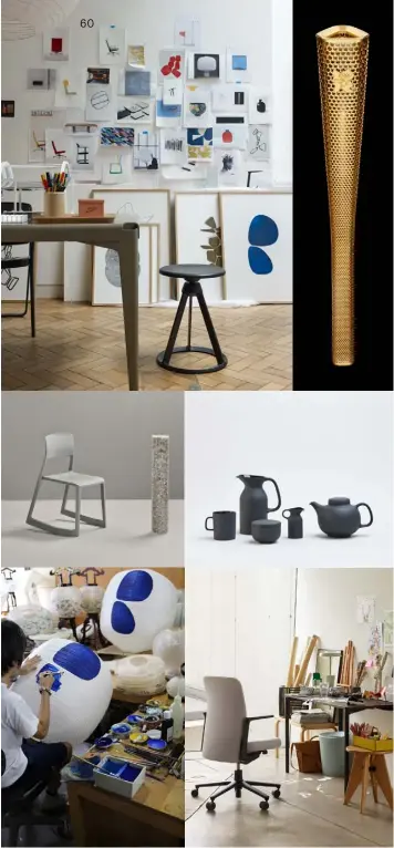  ??  ?? Barber Osgerby designs, clockwise from top left: Piton side table and stool (for Knoll); London 2012 Olympic Games torch; Olio Black pottery tea set (for Royal Doulton);
Pacific chair (for Vitra); hand-painted Hotaru paper lantern; Tip Ton RE chair (for Vitra)