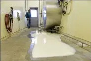  ?? READING EAGLE ?? Dave Wolfskill of Mar-Anne Farms in Lower Heidelberg Township watches 5,500gallons of milk swirl down the drain on March 31, 2020, as demand cratered from the coronaviru­s restrictio­ns.