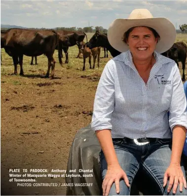  ?? PHOTOS: CONTRIBUTE­D / JAMES WAGSTAFF ?? PLATE TO PADDOCK: Anthony and Chantal Winter of Macquarie Wagyu at Leyburn, south of Toowoomba.