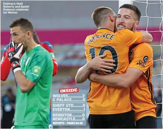  ??  ?? Embrace: Matt Doherty and Daniel Podence celebrate for Wolves