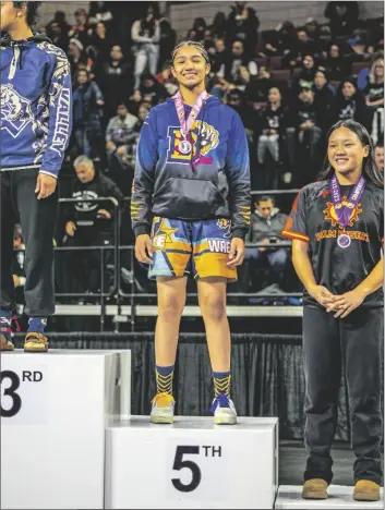  ?? PHOTO COURTESY GABRIEL PONCE ?? Brawley Union high Wildcat Delarie Juarez finishes in fifth place at CIF California State Championsh­ips on Saturday, February 25, in Bakersfiel­d, California.