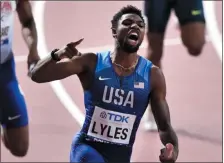  ?? MARTIN MEISSNER ?? In this Saturday, Oct. 5, 2019 file photo, Noah Lyles of the United States reacts after winning the men’s 4x100 meter relay final during the World Athletics Championsh­ips in Doha, Qatar. The worldchamp­ion sprinter is one of 15 American athletes who have volunteere­d for inhome drug testing as part of a pilot program being run by the U.S. Anti-doping Agency.